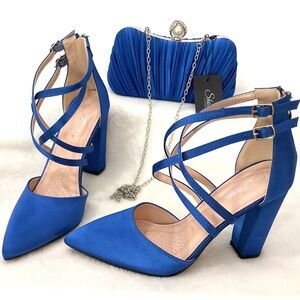 Blue High Stiletto Heel Pointed Toe Crossed Strap Dress Shoe Size 8.5 with Purse